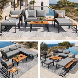 FENCHILIN Garden Sofa Set Armchair Stool Lounger with Coffee Table & Side Table in Grey - thumbnail 3