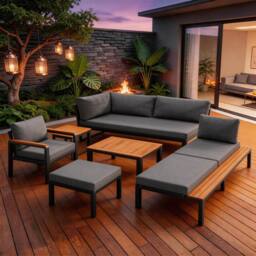 FENCHILIN Garden Sofa Set Armchair Stool Lounger with Coffee Table & Side Table in Grey