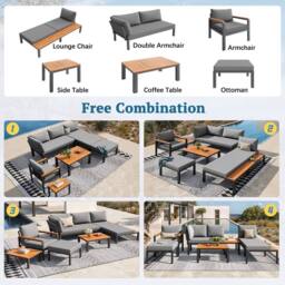 FENCHILIN Garden Sofa Set Armchair Stool Lounger with Coffee Table & Side Table in Grey - thumbnail 4