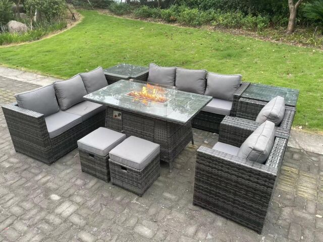 Fimous 10 Seater Outdoor Lounge Rattan Sofa Set Garden Furniture Gas Firepit Set Heater Dining Table With Chair in Dark Grey - image 1