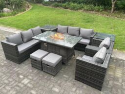 Fimous 10 Seater Outdoor Lounge Rattan Sofa Set Garden Furniture Gas Firepit Set Heater Dining Table With Chair in Dark Grey - thumbnail 1
