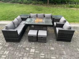 Fimous 10 Seater Outdoor Lounge Rattan Sofa Set Garden Furniture Gas Firepit Set Heater Dining Table With Chair in Dark Grey - thumbnail 3