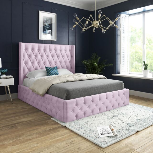 KDMD Turin Straight Winged Upholstered Soft Velvet Pink Bed Frame - Size: Small Double - image 1