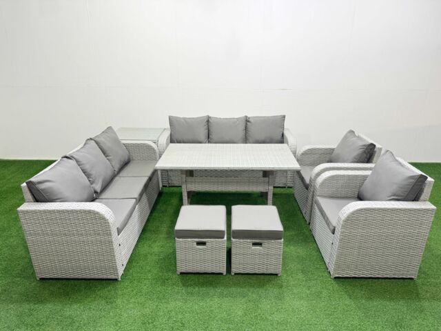Fimous PE Rattan High Back Lounge Sofa Set Patio Rectangular Dining Table & Chairs Set with 3 Seater Sofa Reclining Chair Stools Side Table Light Grey - image 1