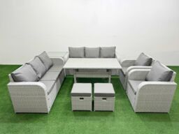 Fimous PE Rattan High Back Lounge Sofa Set Patio Rectangular Dining Table & Chairs Set with 3 Seater Sofa Reclining Chair Stools Side Table Light Grey - thumbnail 2