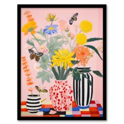 Artery8 Wall Art Print Butterflies & Spring Wildflowers in Vases Bright Bouquets Framed Art - Size: A4 - thumbnail 1
