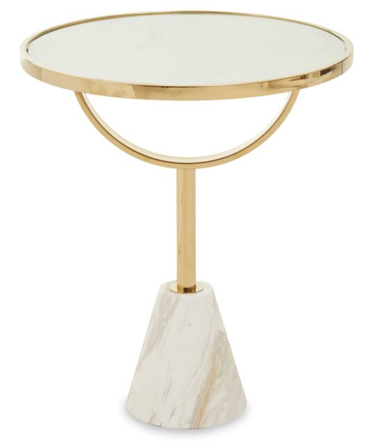 Orsina Black Glass Side Table with Gold Marble‑Effect Base, Round Tempered Black-Glass Top on Iron Column in White - image 1