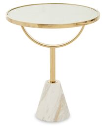 Orsina Black Glass Side Table with Gold Marble‑Effect Base, Round Tempered Black-Glass Top on Iron Column in White
