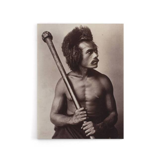 "Artery8 Burton Brothers Photograph of a Fijian Warrior Canvas Wall Art Print in Brown - Size: W12"" x H16""" - image 1