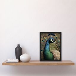 Artery8 Curious Peacock Detailed Pen & Ink Study Turquoise Modern Artwork Framed Wall Art Print A4 in Black - thumbnail 4