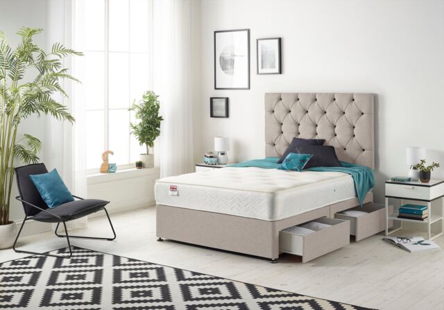 Somnior Premier Plush Velvet Sprung Memory Foam 4 Drawer Divan Bed Set with Upholstered Headboard in Silver - Size: Super King - image 1