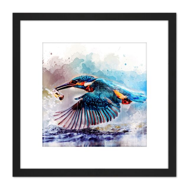Artery8 Watercolour Filter Kingfisher Bird River Photo 8X8 Inch Square Wooden Framed Wall Art Print Picture with Mount in Black - image 1