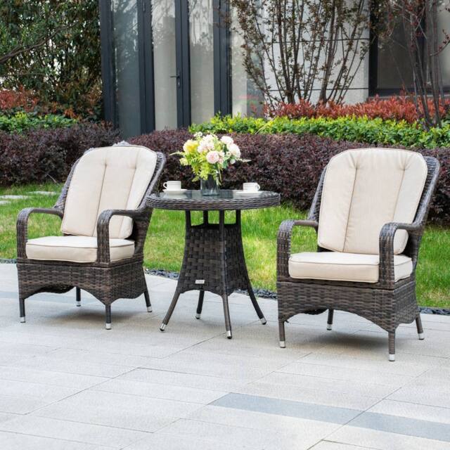 Direct Wicker Garden Aluminum Rattan Bistro Set, Round Table & 2 Armchairs in Brown - Size: 2 Person - image 1