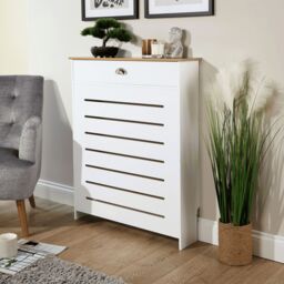 Home Source Batley Radiator Cover Grill Shelf Cabinet With Drawer MDF Modern White - thumbnail 1