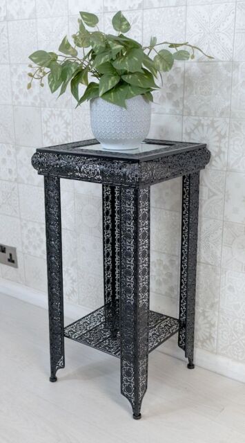 Downton Interiors Black Embossed Metal Mirrored Glass Side Table with Shelf - Agadir range - Size: Medium - image 1