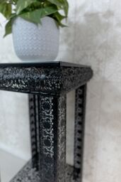 Downton Interiors Black Embossed Metal Mirrored Glass Side Table with Shelf - Agadir range - Size: Medium - thumbnail 4