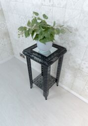 Downton Interiors Black Embossed Metal Mirrored Glass Side Table with Shelf - Agadir range - Size: Medium - thumbnail 3