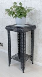 Downton Interiors Black Embossed Metal Mirrored Glass Side Table with Shelf - Agadir range - Size: Medium