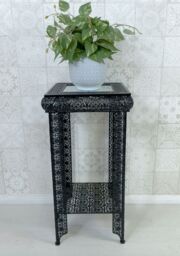 Downton Interiors Black Embossed Metal Mirrored Glass Side Table with Shelf - Agadir range - Size: Medium - thumbnail 2