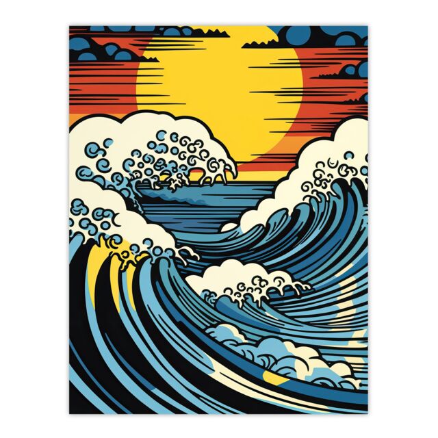 "Artery8 The Great Wave Modern Seascape Artwork Comic Book Pop Art Sunset Unframed Wall Art Print Poster Home Decor Premium - Size: W12"" x H16""" - image 1