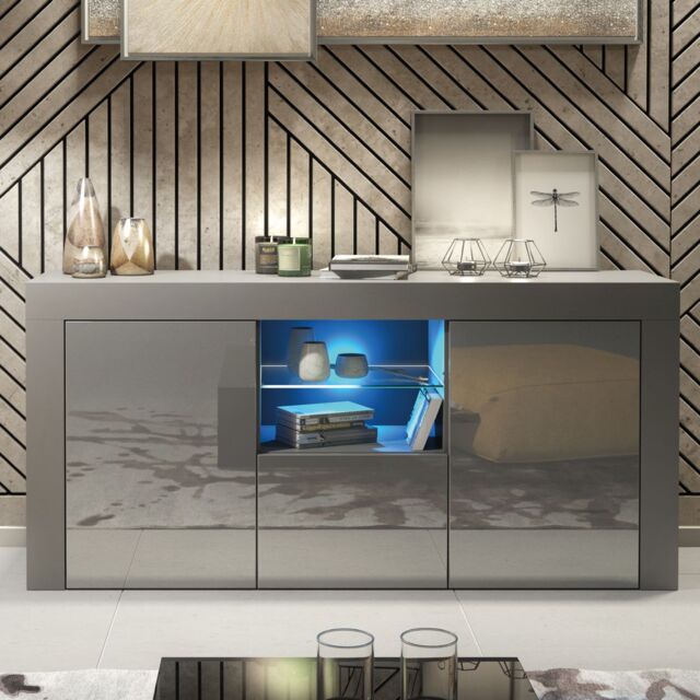 Creative Furniture Aurora Sideboard 145cm - A Modern & Practical Cabinet with Gloss Doors & LED Lights in Dark Grey - image 1