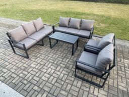 Fimous Aluminium 5 Pieces Garden Furniture Set with Cushions 8 Seater Outdoor Patio Lounge Sofa Set with 2 Armchairs Dark Grey - thumbnail 2