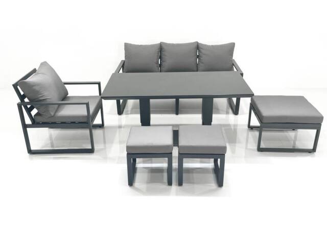 Fimous Outdoor Aluminium Garden Furniture Set with Adjustable Rising Lifting Dining Table 3 Seater Sofa Chair 3 Footstools Dark Grey - image 1