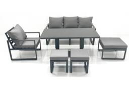 Fimous Outdoor Aluminium Garden Furniture Set with Adjustable Rising Lifting Dining Table 3 Seater Sofa Chair 3 Footstools Dark Grey - thumbnail 1