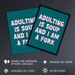 Artery8 Adulting Is Soup & I A Am Fork Teal Blue Funny Framed Wall Art Print - Size: A4 - thumbnail 2