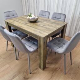KOSY KOALA Dining Table & 6 Chairs - Rustic Effect Dining Table With 6 Grey Velvet Chairs Dining Furniture in Brown - thumbnail 4