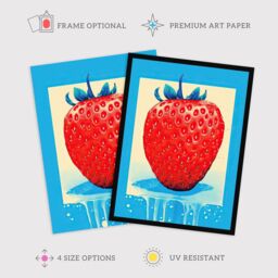 Wee Blue Coo Wall Art Print Single Strawberry Fruit in Ice Frame Vibrant Blue Red Painting Art Framed - Size: A4 - thumbnail 2