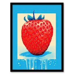 Wee Blue Coo Wall Art Print Single Strawberry Fruit in Ice Frame Vibrant Blue Red Painting Art Framed - Size: A4 - thumbnail 1