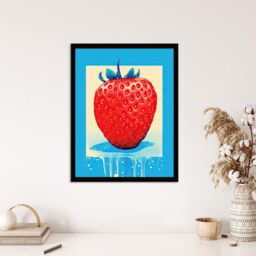 Wee Blue Coo Wall Art Print Single Strawberry Fruit in Ice Frame Vibrant Blue Red Painting Art Framed - Size: A4 - thumbnail 4