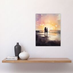 "Artery8 Wall Art Print Mum & Me Watercolour Painting Mother & Daughter Dawn Morning Walk On The Beach Poster in Yellow - Size: W24"" x H32""" - thumbnail 4