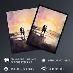 "Artery8 Wall Art Print Mum & Me Watercolour Painting Mother & Daughter Dawn Morning Walk On The Beach Poster in Yellow - Size: W24"" x H32""" - thumbnail 2