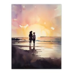 "Artery8 Wall Art Print Mum & Me Watercolour Painting Mother & Daughter Dawn Morning Walk On The Beach Poster in Yellow - Size: W24"" x H32""" - thumbnail 1