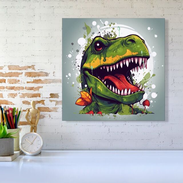 Warren Reed - Designer Laughing T-Rex Canvas in Green - Size: w10 inch x h10 inch - image 1