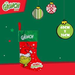 VFM e-Store Grinch Christmas Stocking 40cm x 26cm Green Cuff Grinch In Hat X 1 in Red - Size: 40 cm x 26 cm - thumbnail 2