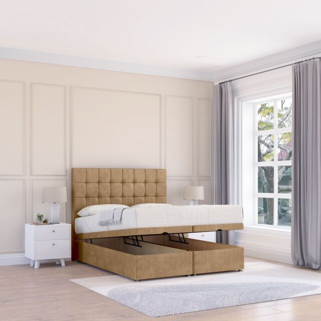 Sloomy Alabama Dumfries Fabric Ottoman Bed End Opening With Sprung Memory Mattress & 26 Inch strut Headboard in Light Beige - Size: Single - image 1