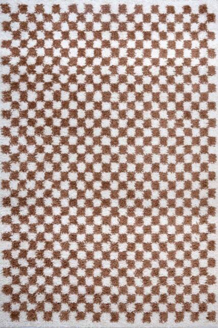 THE RUGS Moodi Chequered Shaggy Soft High Pile Living Room Rug & Runner in Terracotta - Size: 200 cm x 290 cm - image 1