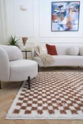 THE RUGS Moodi Chequered Shaggy Soft High Pile Living Room Rug & Runner in Terracotta - Size: 200 cm x 290 cm - thumbnail 2