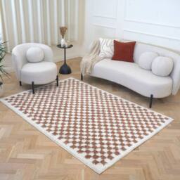 THE RUGS Moodi Chequered Shaggy Soft High Pile Living Room Rug & Runner in Terracotta - Size: 200 cm x 290 cm - thumbnail 8