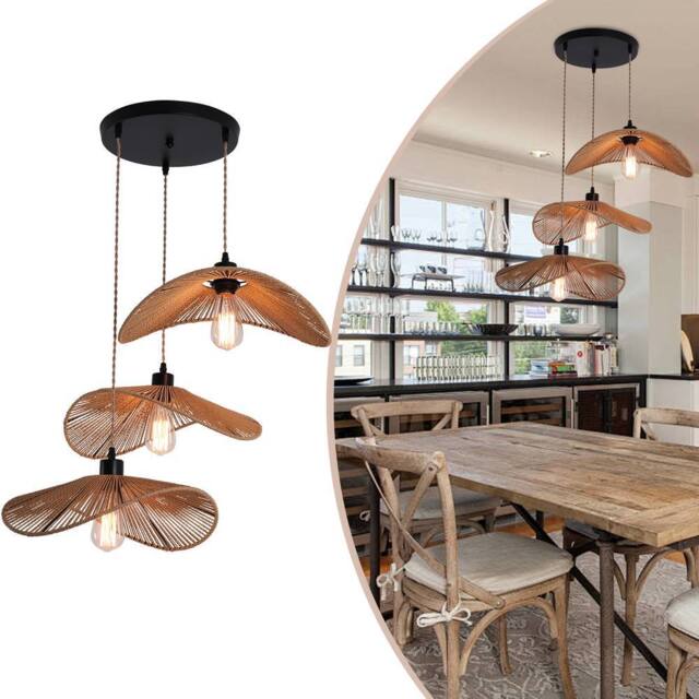 NIVOR 3 - Light Rattan Farmhouse Cluster Pendant Light Ceiling Chandelier in Brown - image 1