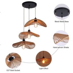 NIVOR 3 - Light Rattan Farmhouse Cluster Pendant Light Ceiling Chandelier in Brown - thumbnail 8