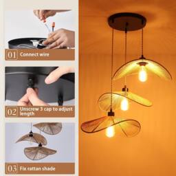 NIVOR 3 - Light Rattan Farmhouse Cluster Pendant Light Ceiling Chandelier in Brown - thumbnail 7