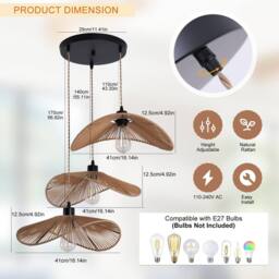 NIVOR 3 - Light Rattan Farmhouse Cluster Pendant Light Ceiling Chandelier in Brown - thumbnail 2