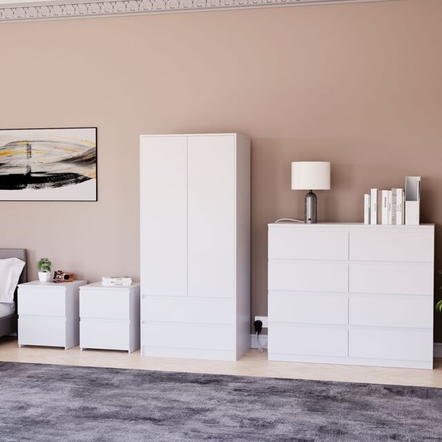 Home Discount Vida Designs Denver 4Pc Bedroom Set(2 Bedside, 8 Drawer Chest, Wardrobe) in White - image 1