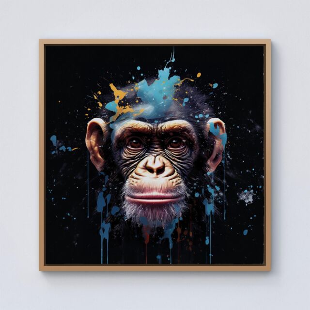 Warren Reed - Designer Monkey Face Splashart with Blue Framed Canvas in Light Brown - Size: w10 inch x h10 inch - image 1