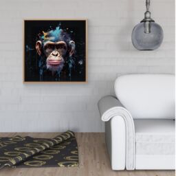 Warren Reed - Designer Monkey Face Splashart with Blue Framed Canvas in Light Brown - Size: w10 inch x h10 inch - thumbnail 2