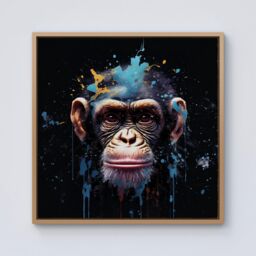 Warren Reed - Designer Monkey Face Splashart with Blue Framed Canvas in Light Brown - Size: w10 inch x h10 inch - thumbnail 1
